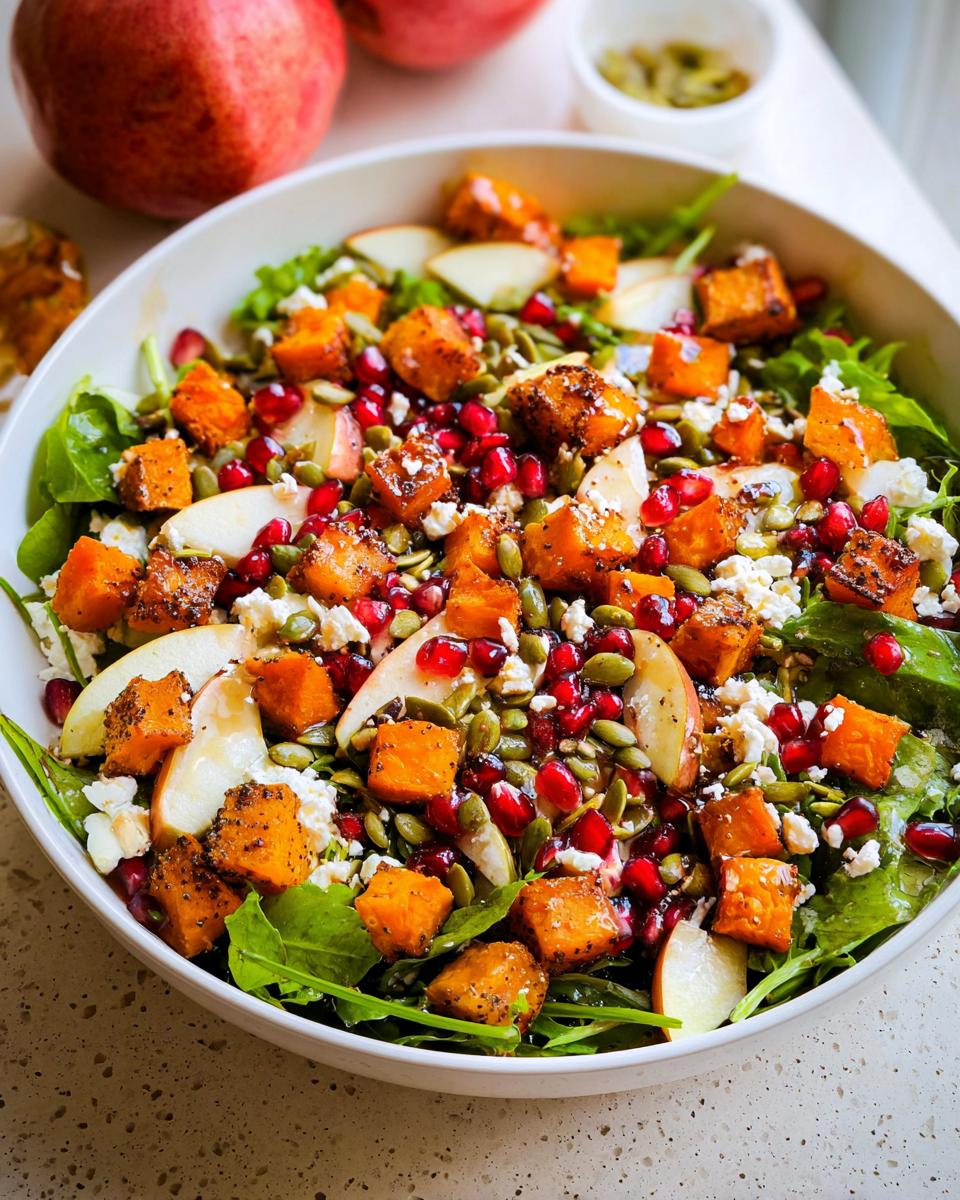 A vibrant Thanksgiving salad featuring roasted butternut squash, pomegranate seeds, apple slices, pumpkin seeds, and feta cheese on a bed of greens.