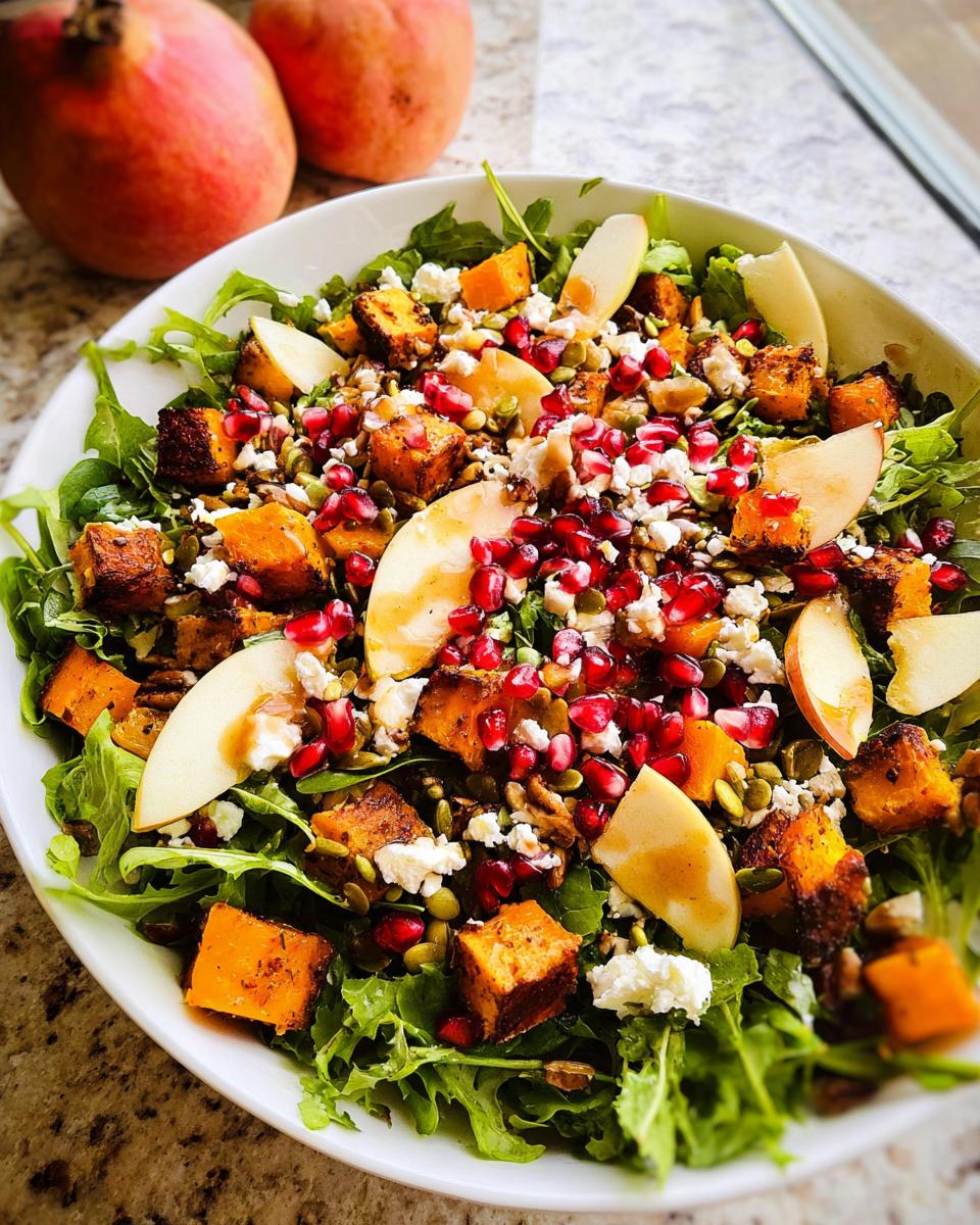 A vibrant Thanksgiving salad featuring roasted butternut squash, fresh arugula, pomegranate seeds, apple slices, and crumbled feta cheese.