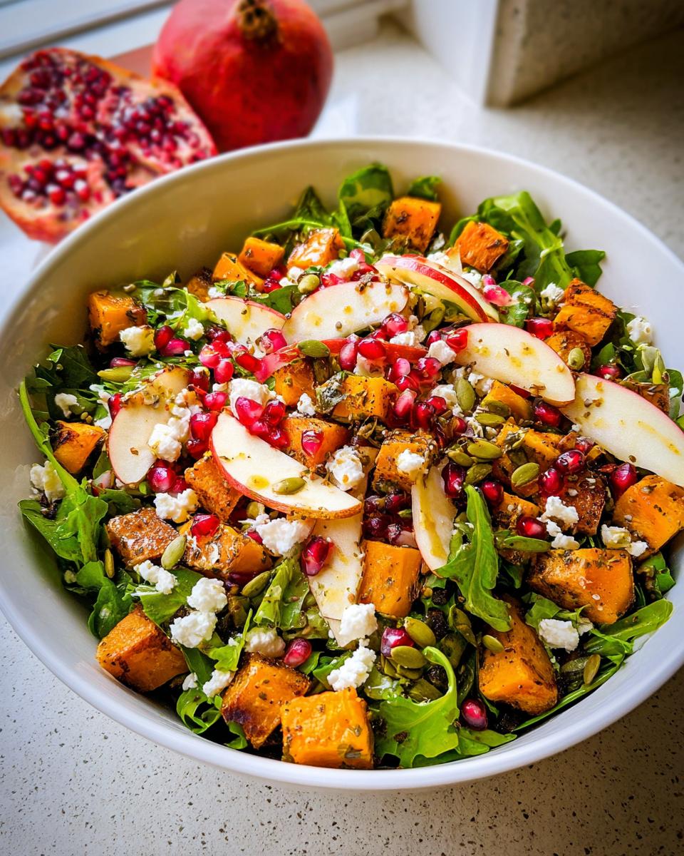 A colorful Thanksgiving salad featuring roasted butternut squash, fresh greens, apple slices, pomegranate seeds, and crumbled feta.