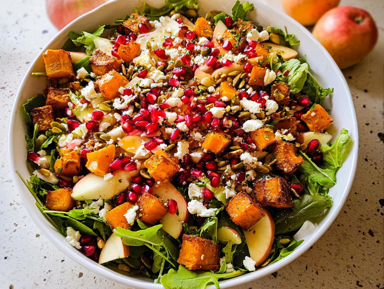 A vibrant Thanksgiving salad featuring roasted butternut squash, apple slices, pomegranate seeds, and crumbled feta cheese.