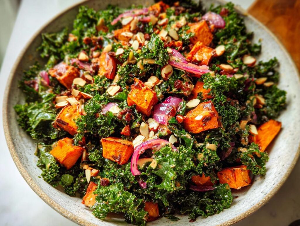 A vibrant Thanksgiving salad featuring crispy roasted sweet potatoes, kale, red onion, and sliced almonds.