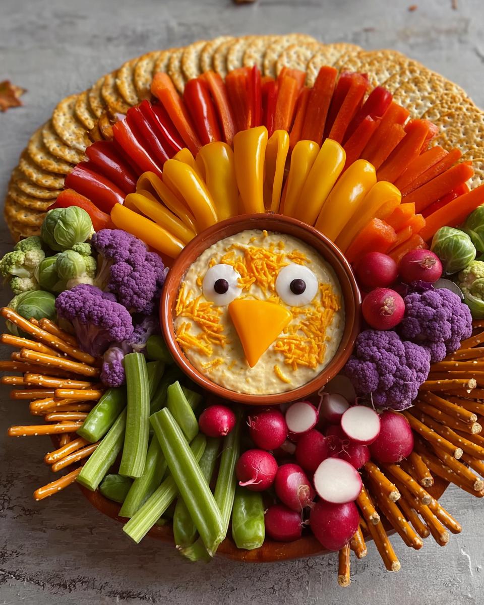 A fun Thanksgiving turkey veggie tray with colorful vegetables, crackers, and dip arranged to look like a turkey.