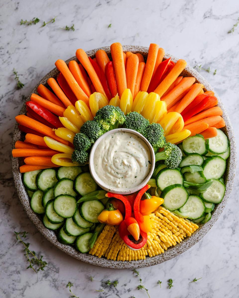 A colorful Thanksgiving Veggie Tray arranged in a circular pattern with carrots, bell peppers, broccoli, cucumbers, and corn, surrounding a bowl of creamy dip.