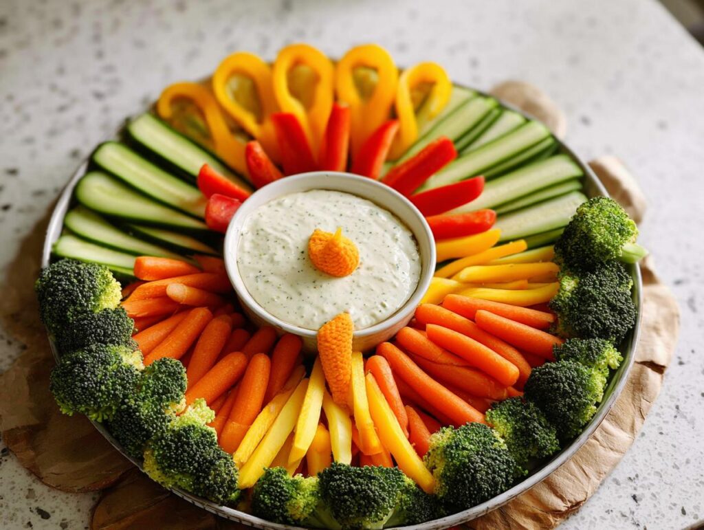 A colorful Thanksgiving veggie tray featuring broccoli, carrots, bell peppers, and cucumbers arranged around a bowl of dip.