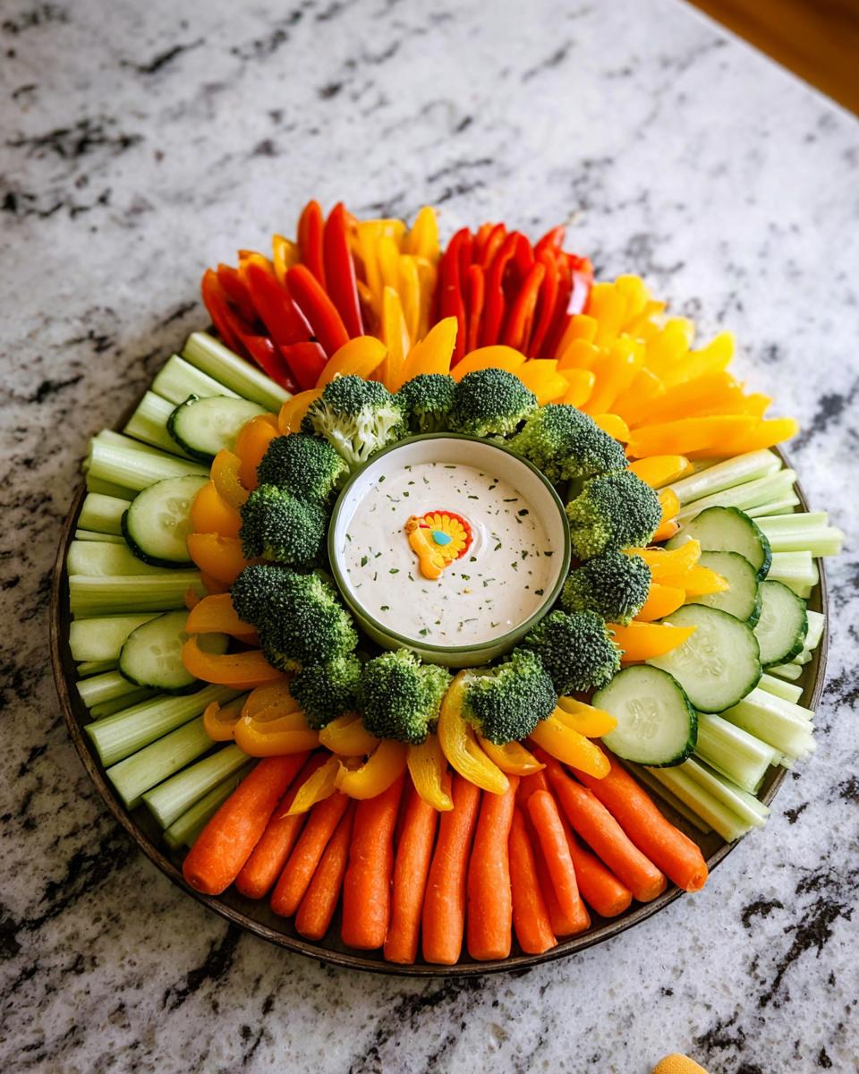 A vibrant Thanksgiving veggie tray arranged in a circle around a bowl of dip, featuring carrots, celery, cucumbers, broccoli, and bell peppers.