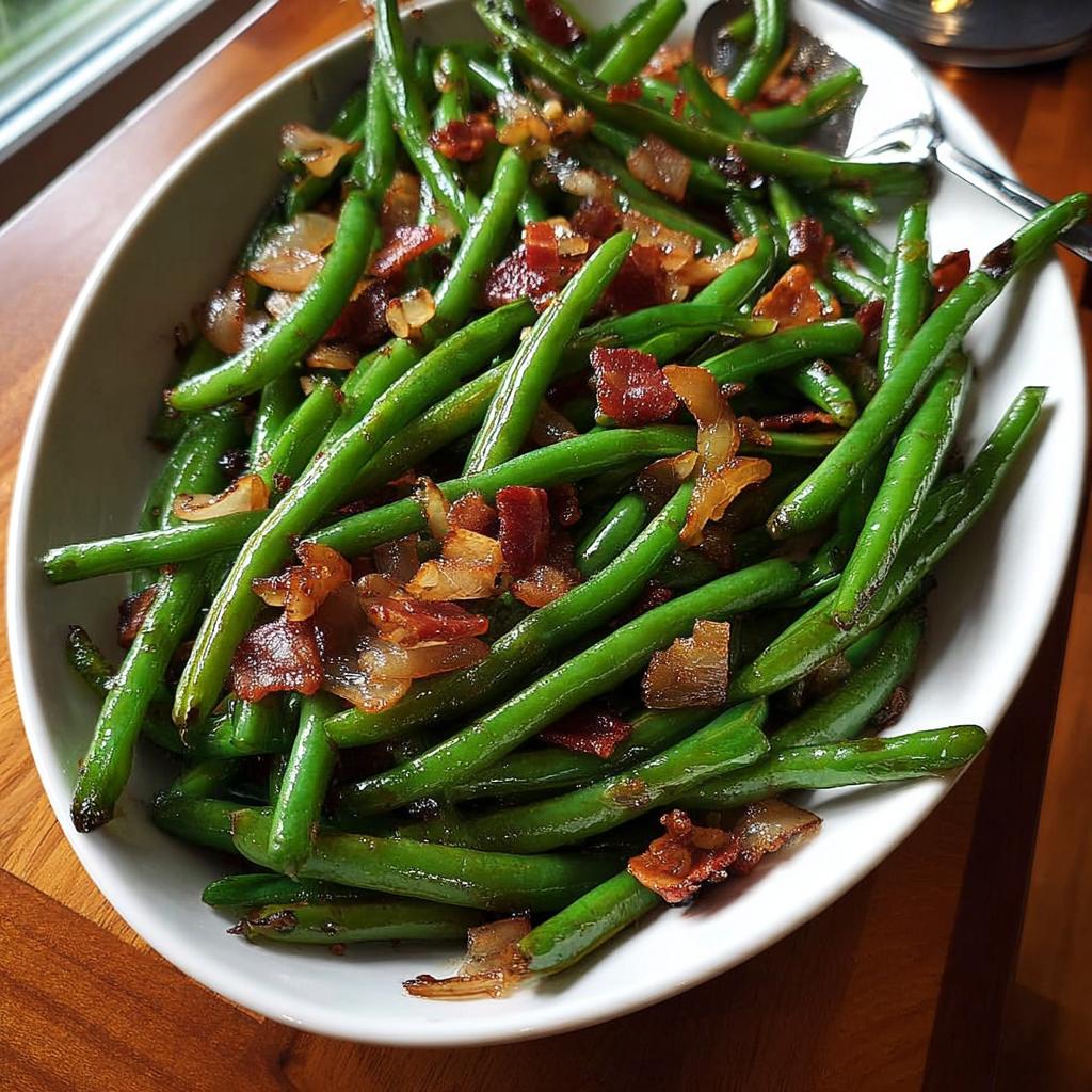 Close-up of a Thanksgiving veggie tray featuring fresh green beans tossed with crispy bacon and caramelized onions.