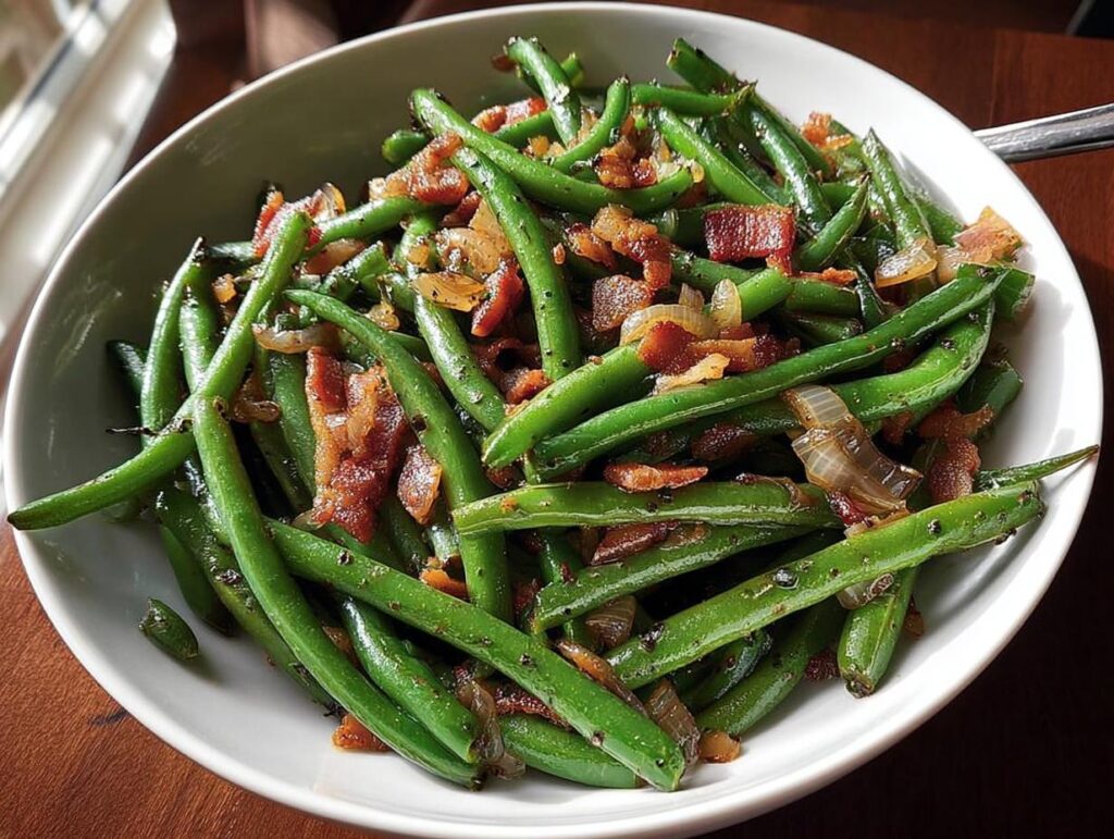 A close-up of a Thanksgiving veggie tray featuring fresh green beans tossed with crispy bacon and caramelized onions.