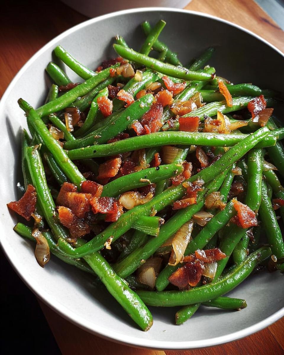 A close-up of a Thanksgiving veggie tray featuring fresh green beans tossed with crispy bacon and sautéed onions.