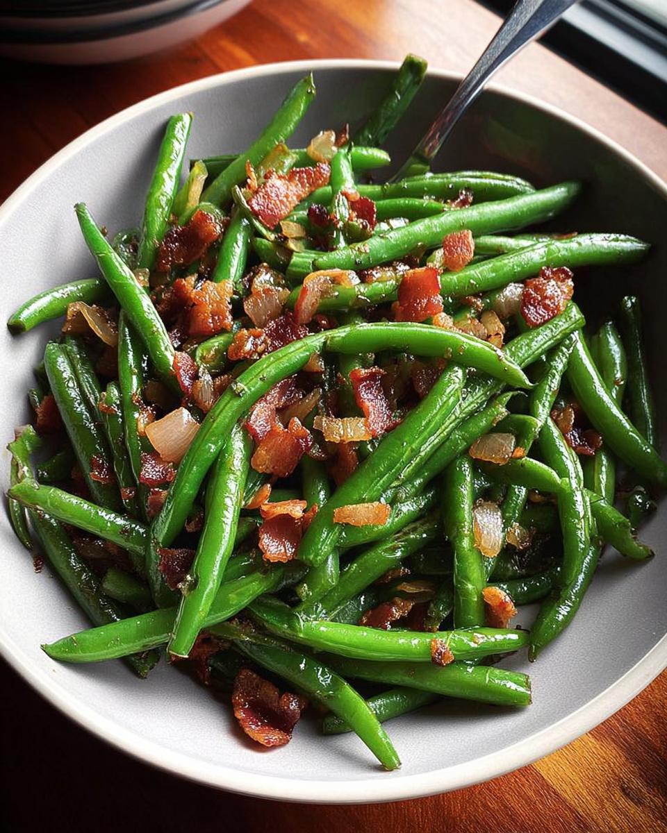 Close-up of a Thanksgiving veggie tray featuring fresh green beans tossed with crispy bacon and onions.