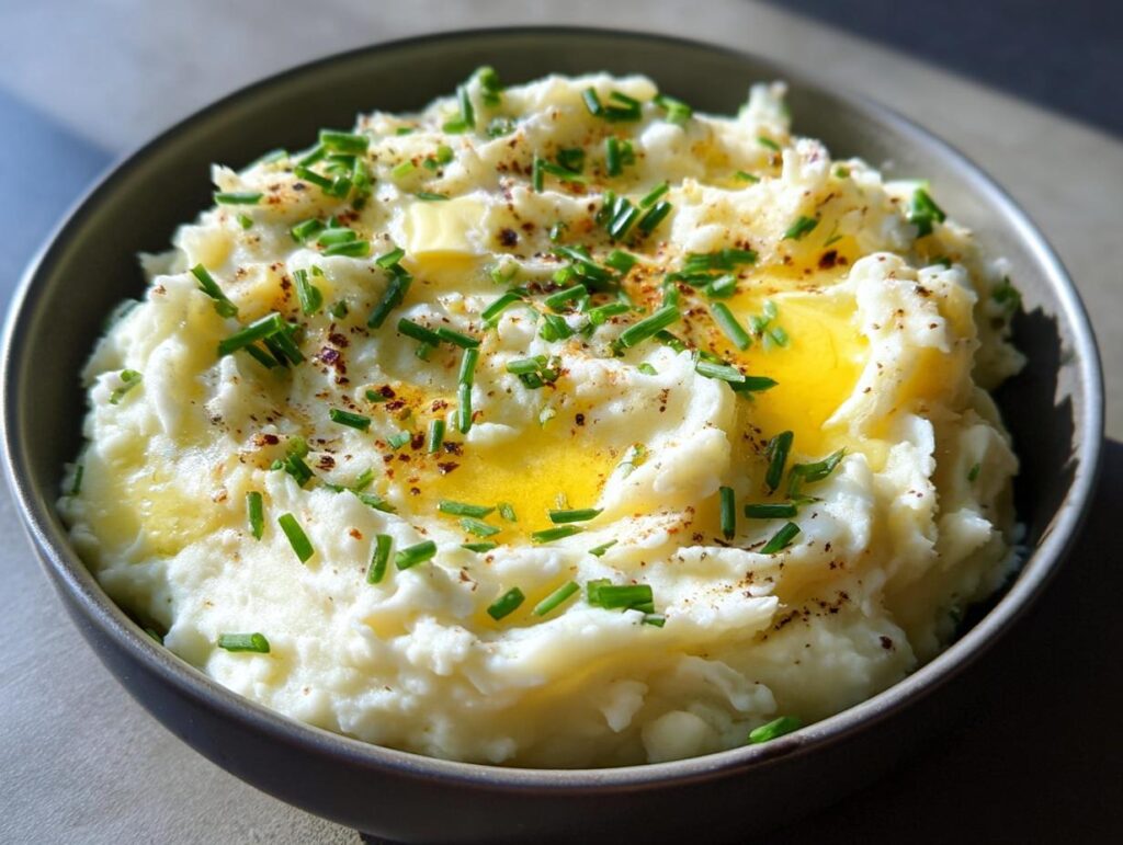 Close-up of creamy mashed potatoes topped with melted butter, chives, and paprika, part of a Thanksgiving Veggie Tray.