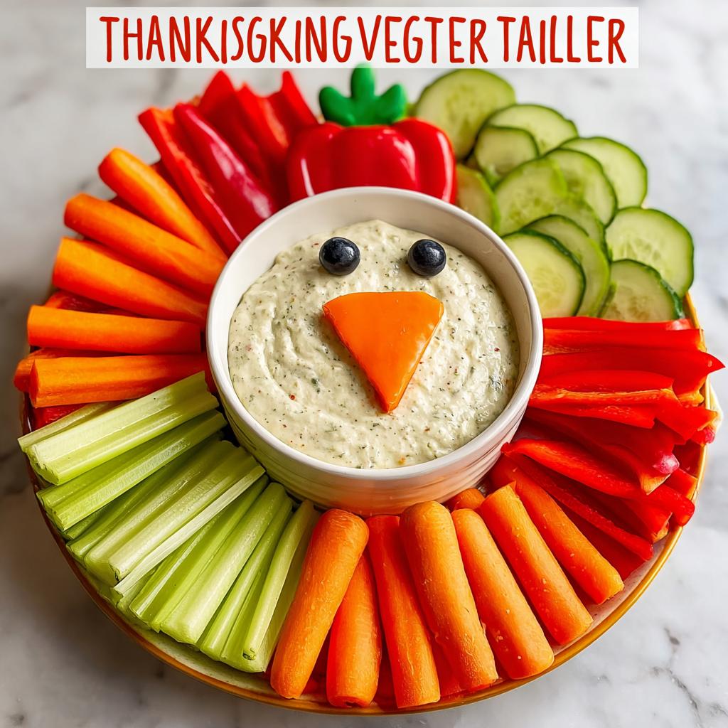 A festive Thanksgiving veggie tray recipe shaped like a turkey, featuring a dip face with carrot beak and blueberry eyes, surrounded by colorful vegetable sticks.