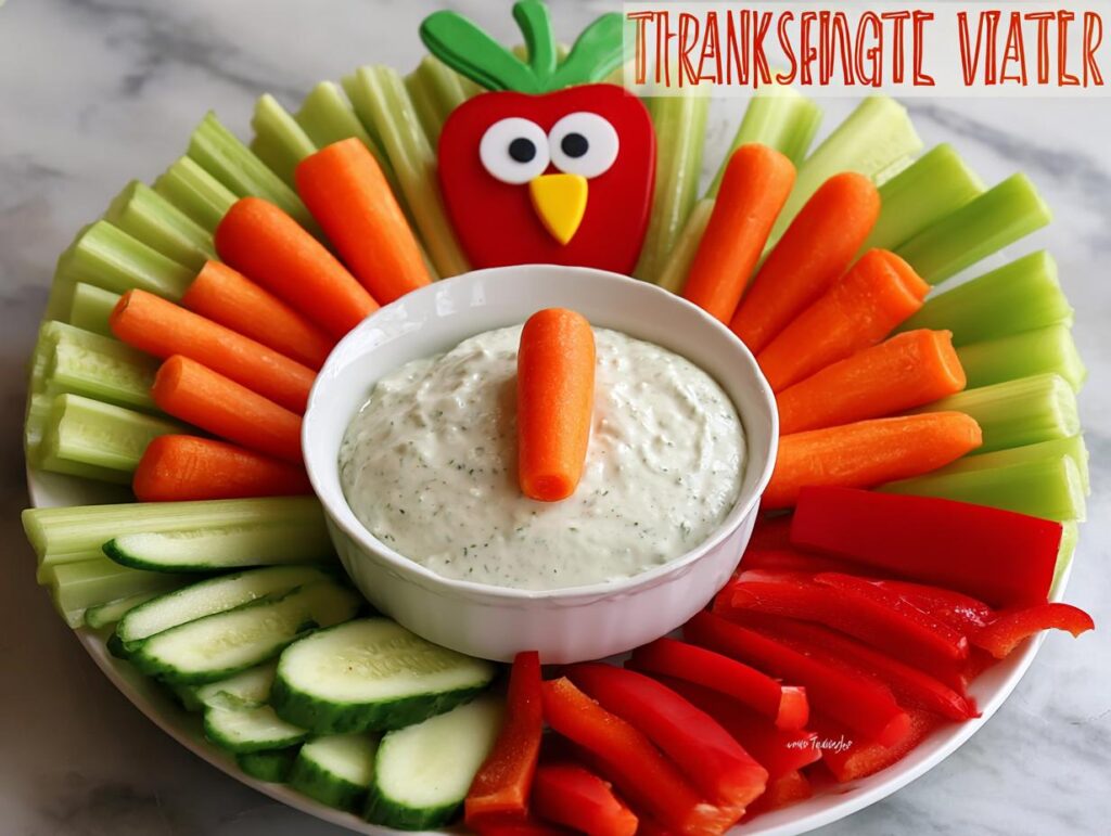 A festive Thanksgiving veggie tray recipe arranged like a turkey, featuring carrots, celery, cucumber, and red pepper strips with dip.