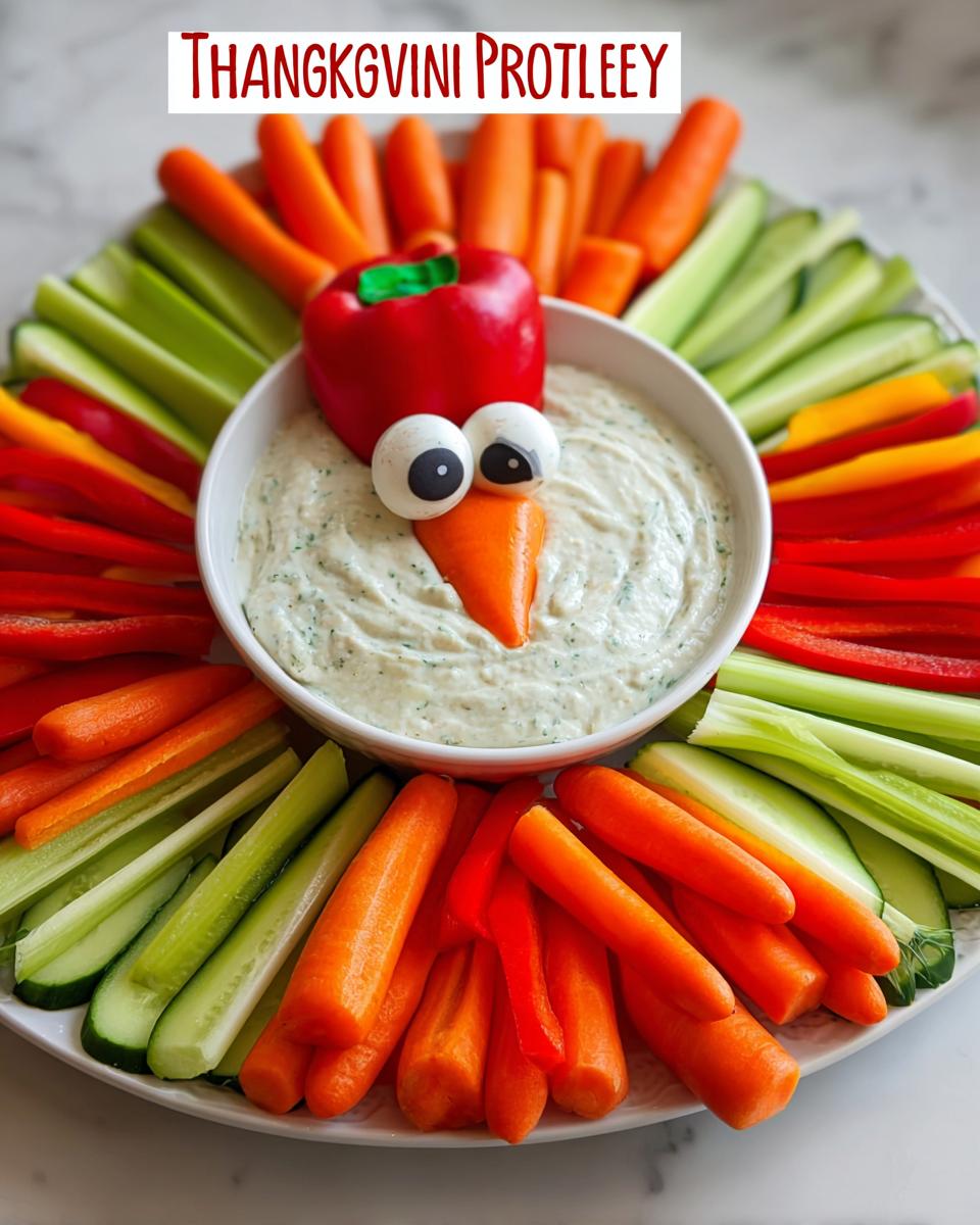 A fun Thanksgiving veggie tray recipe arranged like a turkey, with colorful vegetable sticks surrounding a creamy dip.