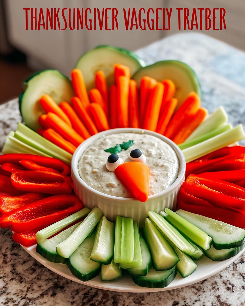 A fun Thanksgiving veggie tray recipe arranged in the shape of a turkey, featuring a dip center and colorful vegetable sticks.