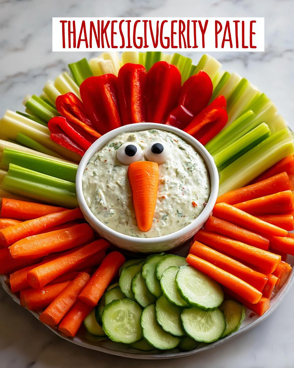 A festive Thanksgiving veggie tray recipe arranged in the shape of a turkey, featuring carrots, celery, cucumber, and red bell peppers surrounding a bowl of dip.