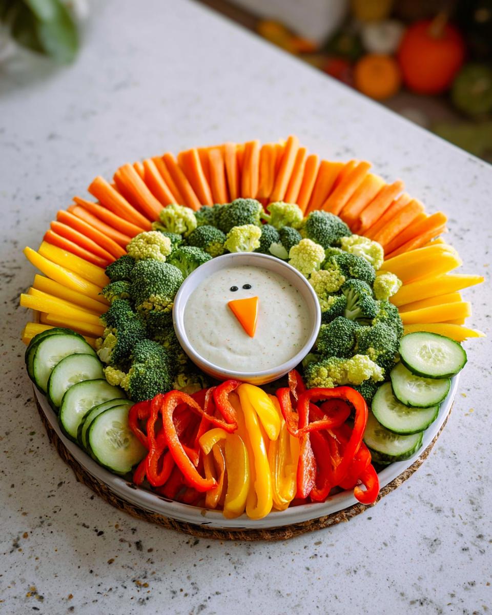 A festive Thanksgiving veggie tray arranged in the shape of a turkey, featuring carrots, broccoli, cauliflower, bell peppers, and cucumber slices with a ranch dip.