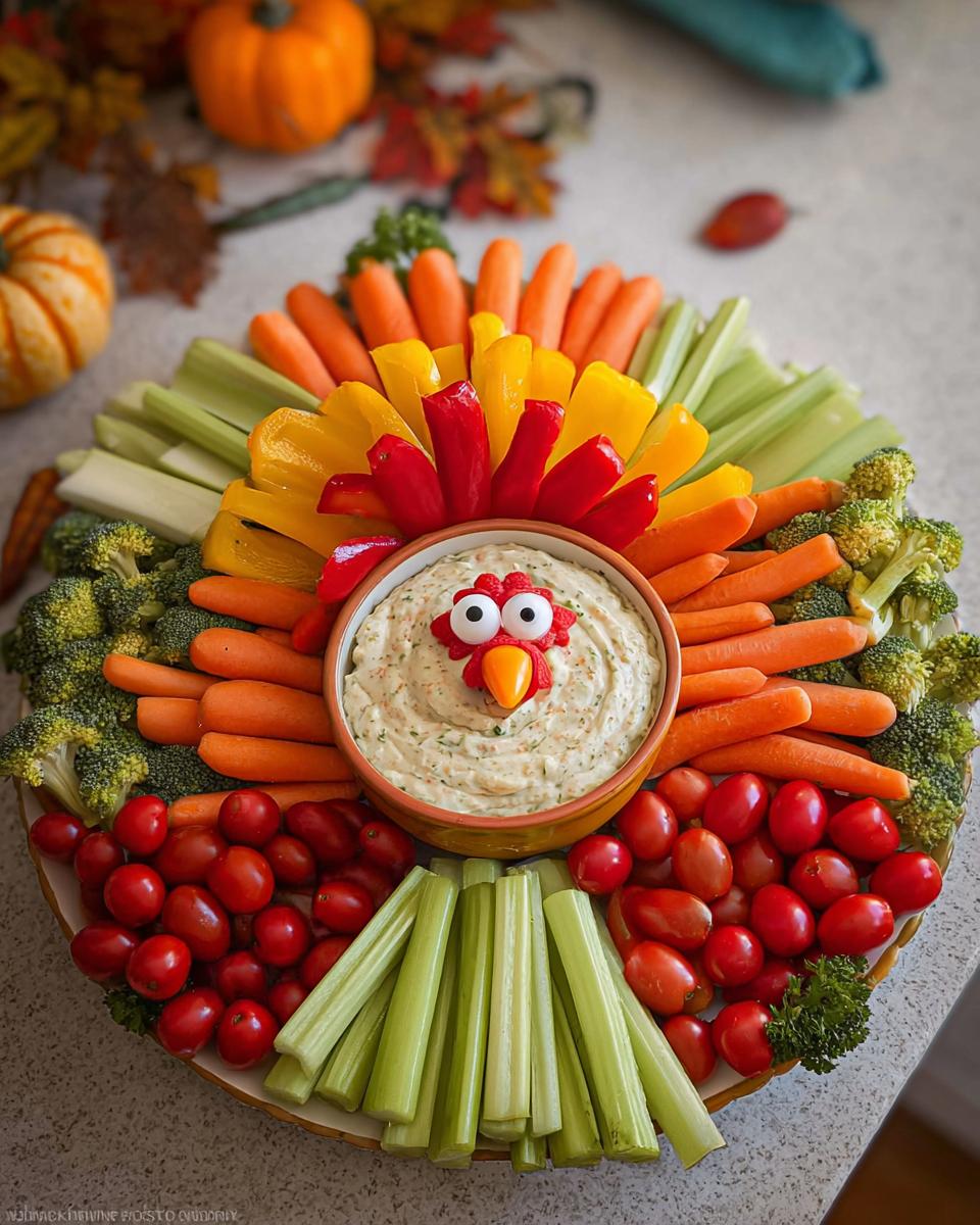 A festive Thanksgiving veggie tray arranged in the shape of a turkey, featuring a creamy dip center and colorful vegetables.