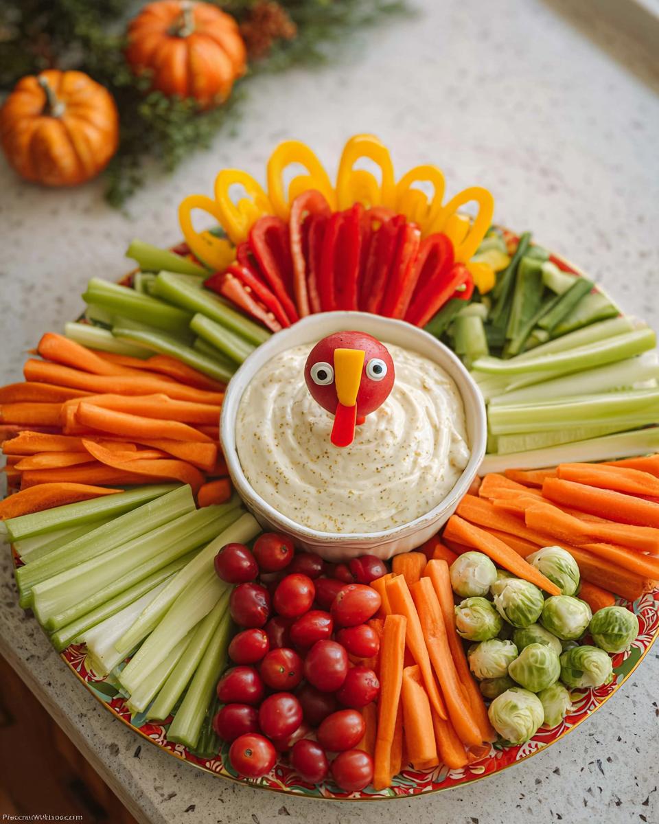 A festive Thanksgiving veggie tray arranged to look like a turkey, featuring a dip bowl head and colorful vegetable feathers.