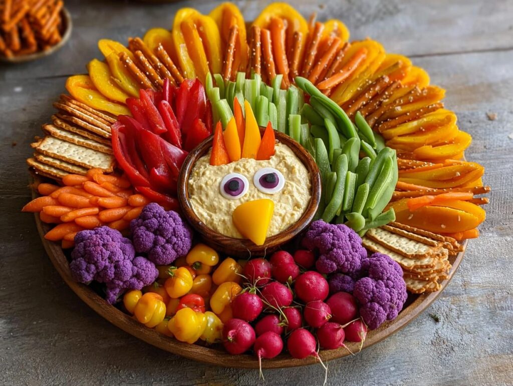 A festive Thanksgiving veggie tray arranged in the shape of a turkey, featuring colorful vegetables, crackers, and a bowl of hummus.