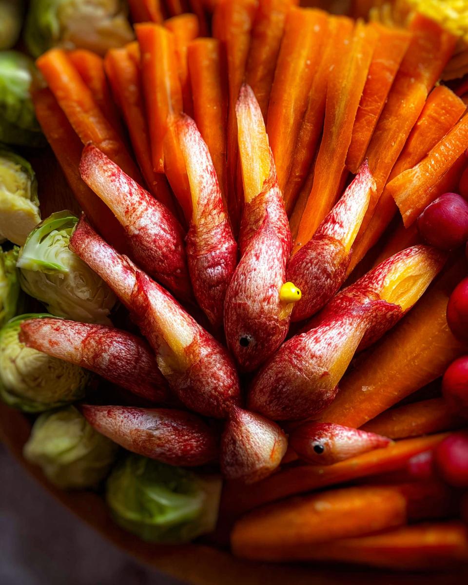 A creative Thanksgiving veggie tray arranged in a turkey shape, featuring carrots, Brussels sprouts, and radishes.