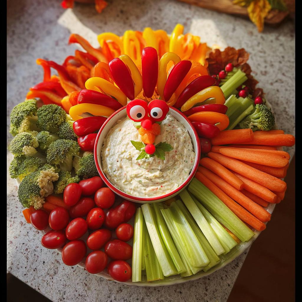 A creative Thanksgiving veggie tray arranged in the shape of a turkey, featuring colorful vegetables and a bowl of dip.