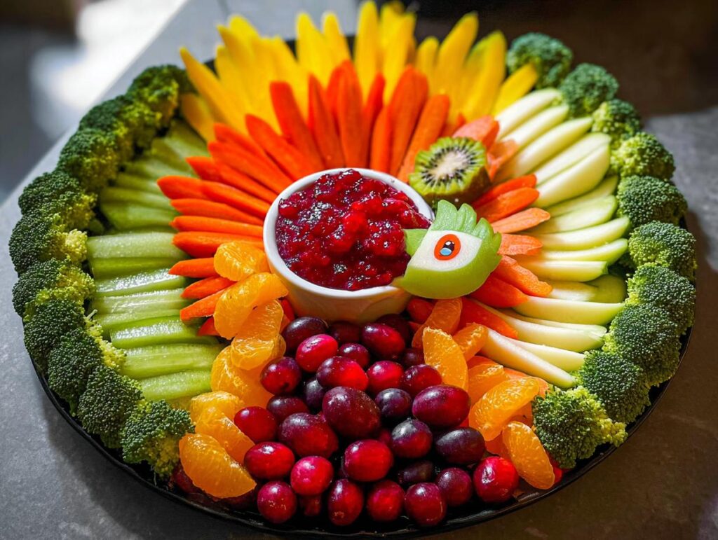 A vibrant Thanksgiving veggie tray arranged in a turkey shape, featuring broccoli, celery, carrots, apples, oranges, cranberries, and a kiwi eye.