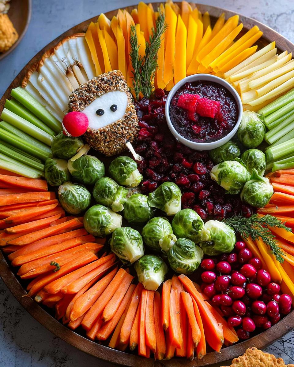 A festive Thanksgiving veggie tray arranged in a turkey shape, featuring carrots, celery, Brussels sprouts, cranberries, and a cheese ball.