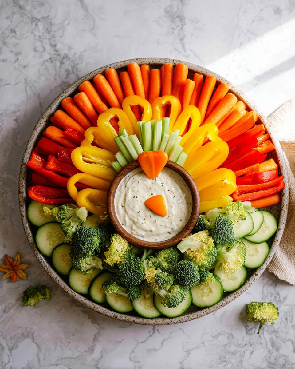 A colorful Thanksgiving veggie tray arranged in the shape of a turkey, featuring carrots, bell peppers, celery, broccoli, and cucumber with dip.