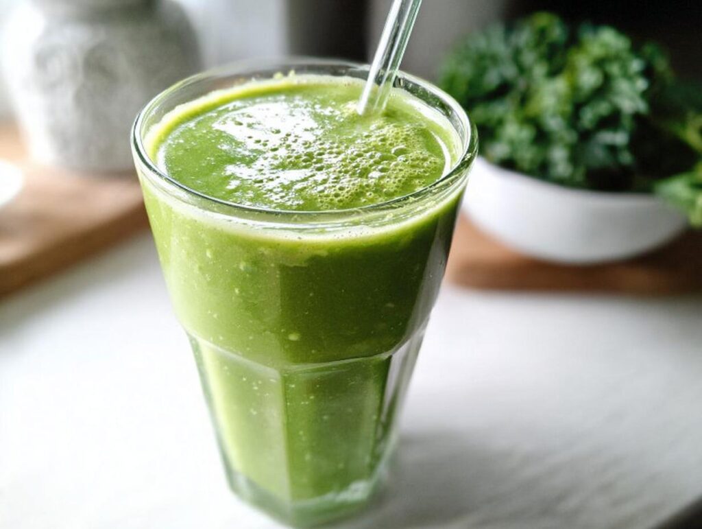 Close-up of a vibrant Tropical Green Smoothie (Kale & Spinach) in a tall glass with a straw, fresh kale visible in the background.