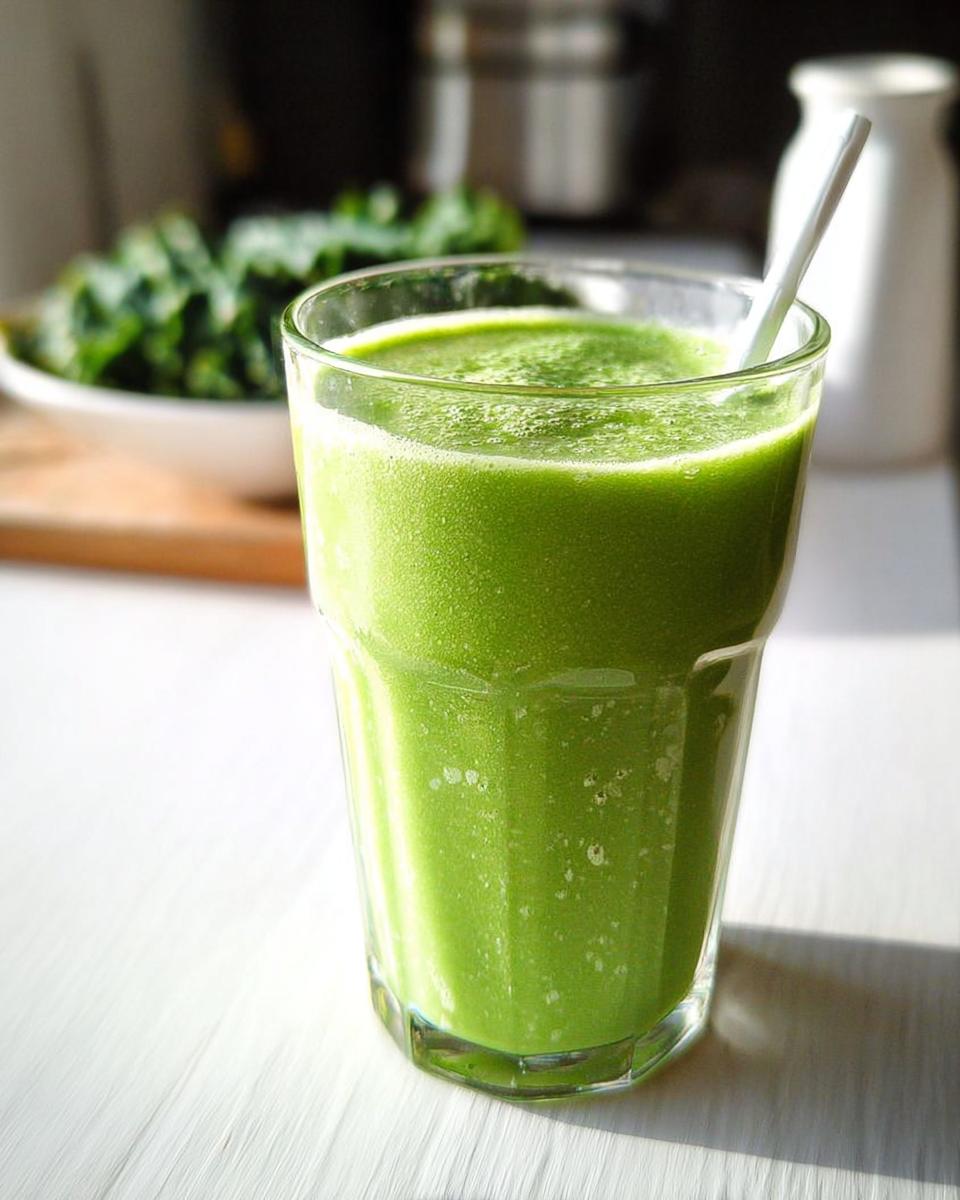 A tall glass filled with a bright green Tropical Green Smoothie (Kale & Spinach), ready to drink with a white straw.