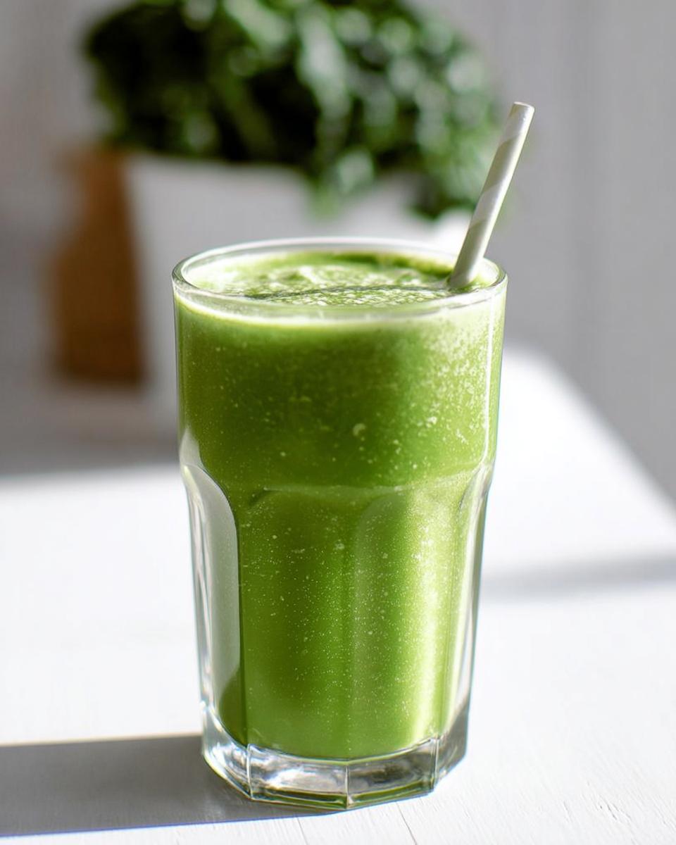 A tall glass filled with a vibrant green Tropical Green Smoothie (Kale & Spinach) with a striped straw.