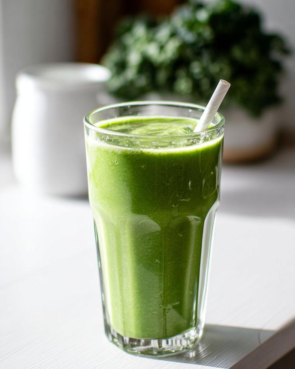 A tall glass filled with a vibrant, thick Tropical Green Smoothie (Kale & Spinach), served with a paper straw.