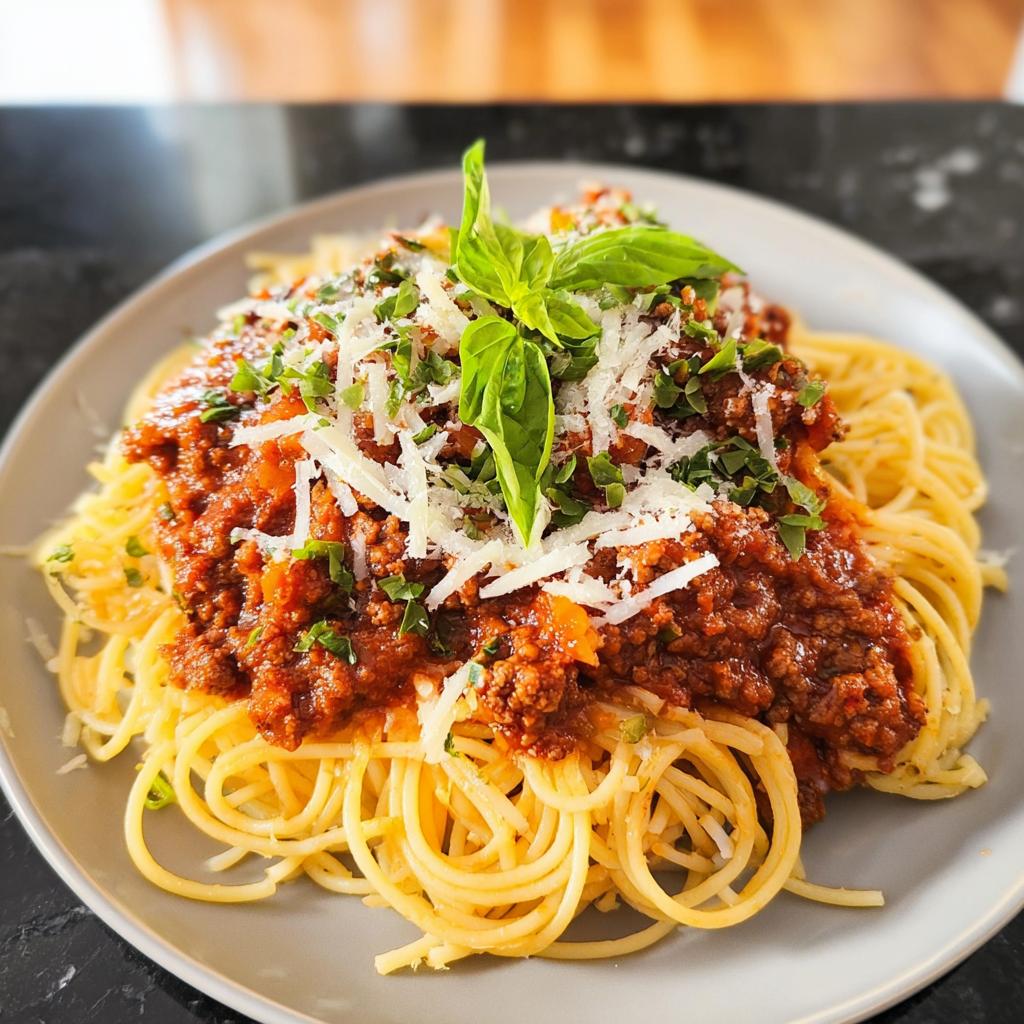 A plate of spaghetti topped with hearty Turkey Bolognese sauce, grated Parmesan cheese, and fresh basil.