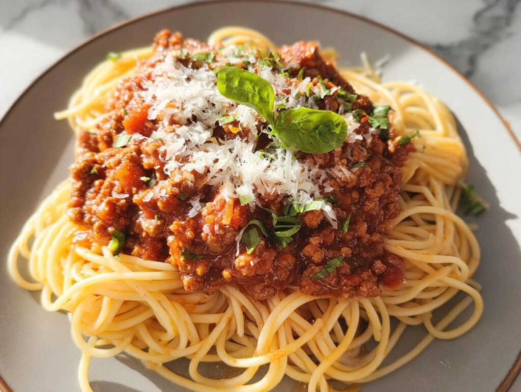A plate of spaghetti topped with hearty Turkey Bolognese sauce, grated Parmesan cheese, and fresh basil.