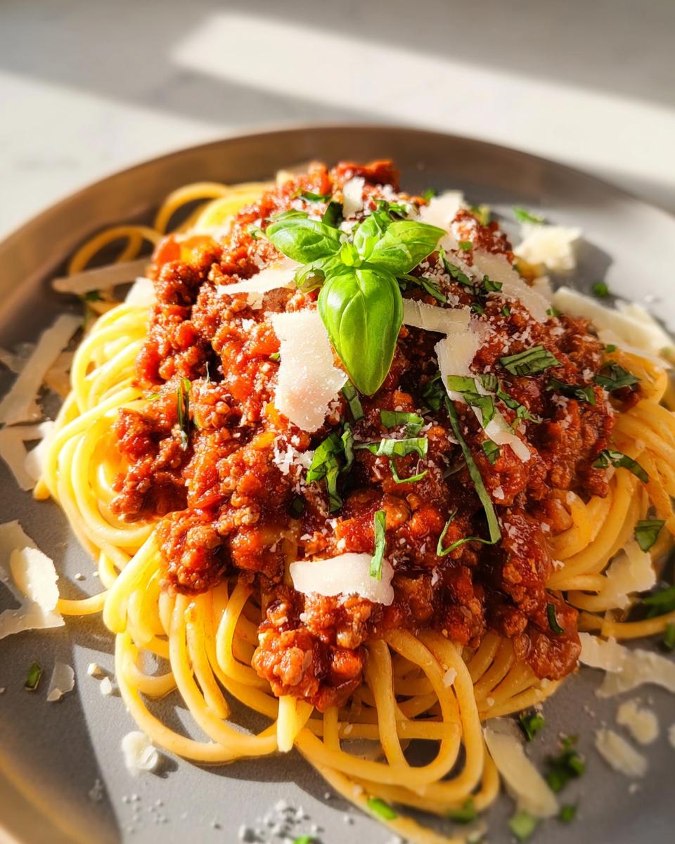 A plate of spaghetti topped with rich Turkey Bolognese sauce, garnished with fresh basil and shaved Parmesan cheese.