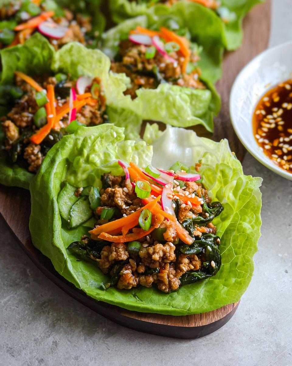 Close-up of delicious Turkey Lettuce Wraps (PF-Style) filled with seasoned ground turkey and topped with shredded carrots and radish.