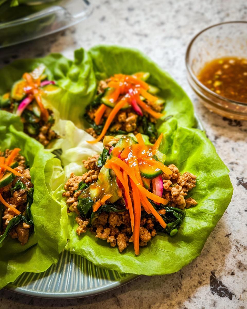 Close-up of delicious Turkey Lettuce Wraps (PF-Style) filled with seasoned ground turkey, spinach, and topped with shredded carrots and cucumber.
