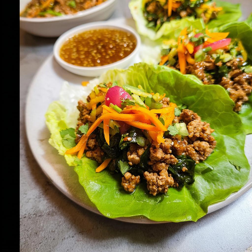 Close-up of delicious Turkey Lettuce Wraps (PF-Style) filled with seasoned ground turkey, shredded carrots, and fresh herbs.