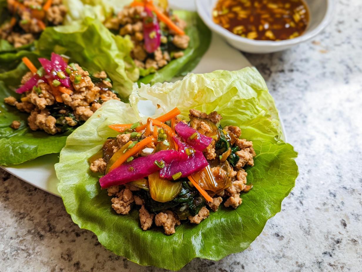 Close-up of delicious Turkey Lettuce Wraps (PF-Style) filled with seasoned ground turkey, shredded carrots, and pickled vegetables.