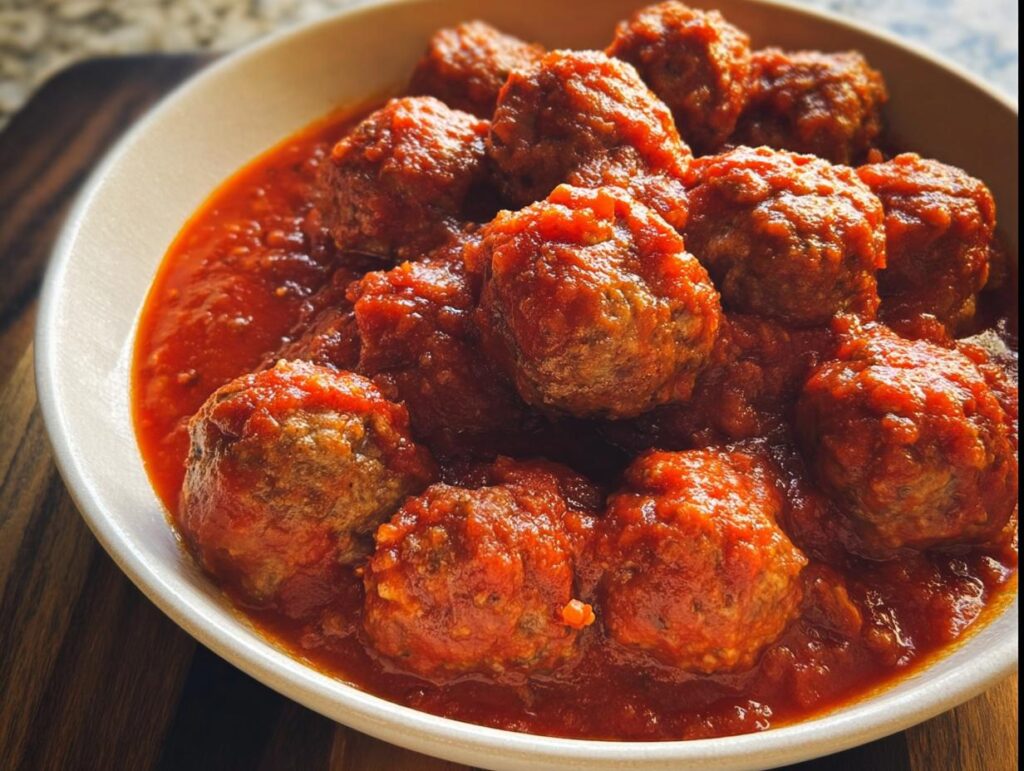 A close-up of a bowl filled with juicy turkey meatballs in rich marinara sauce.