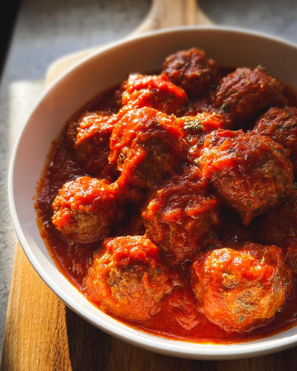 A bowl filled with delicious Turkey Meatballs in Marinara sauce, garnished with herbs.