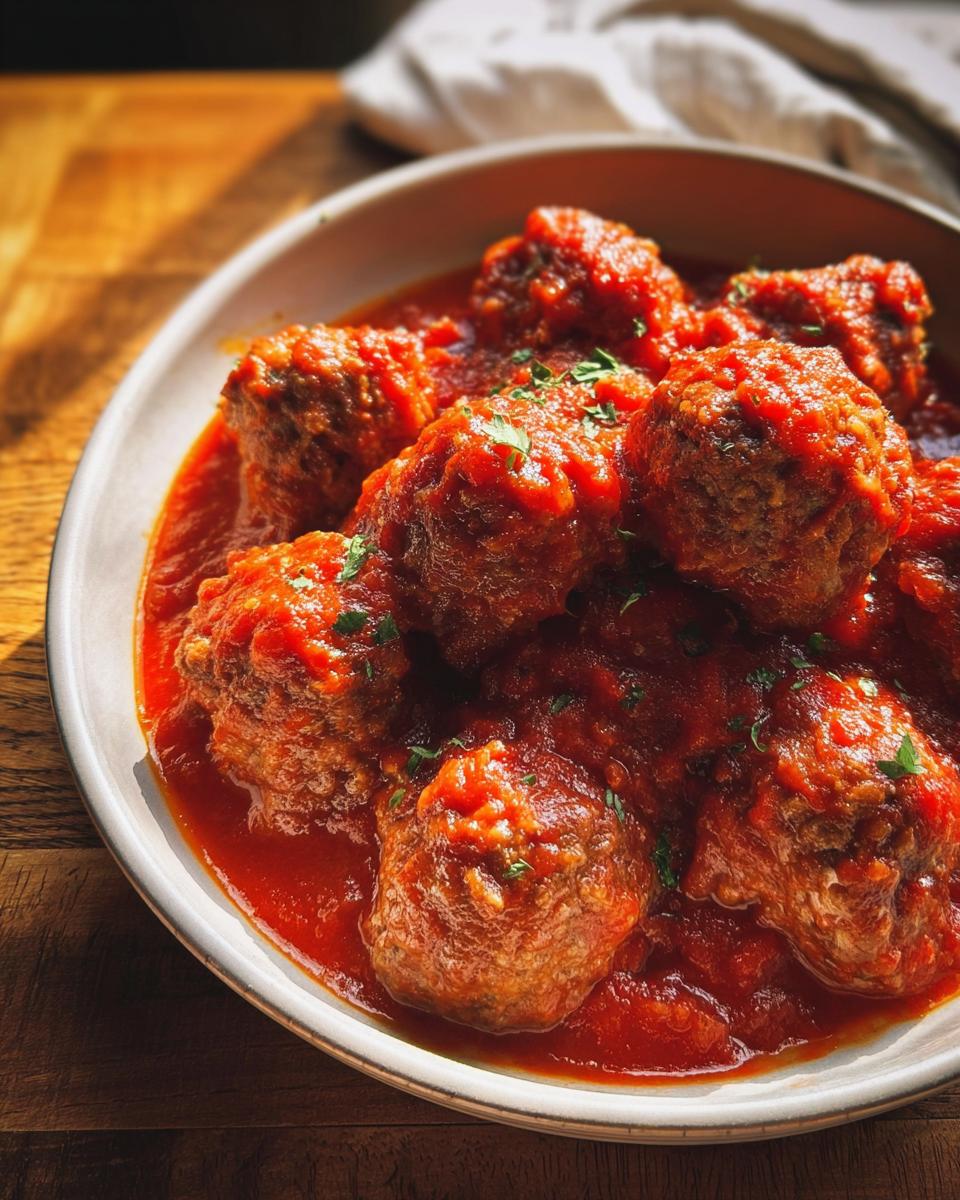 A close-up of hearty turkey meatballs swimming in a rich marinara sauce, garnished with fresh parsley.