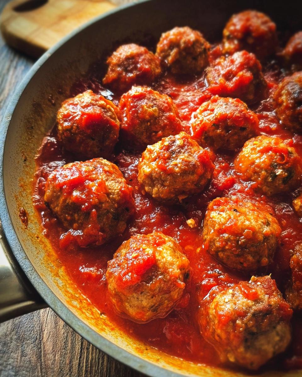 A close-up of delicious turkey meatballs simmering in a rich marinara sauce in a skillet.