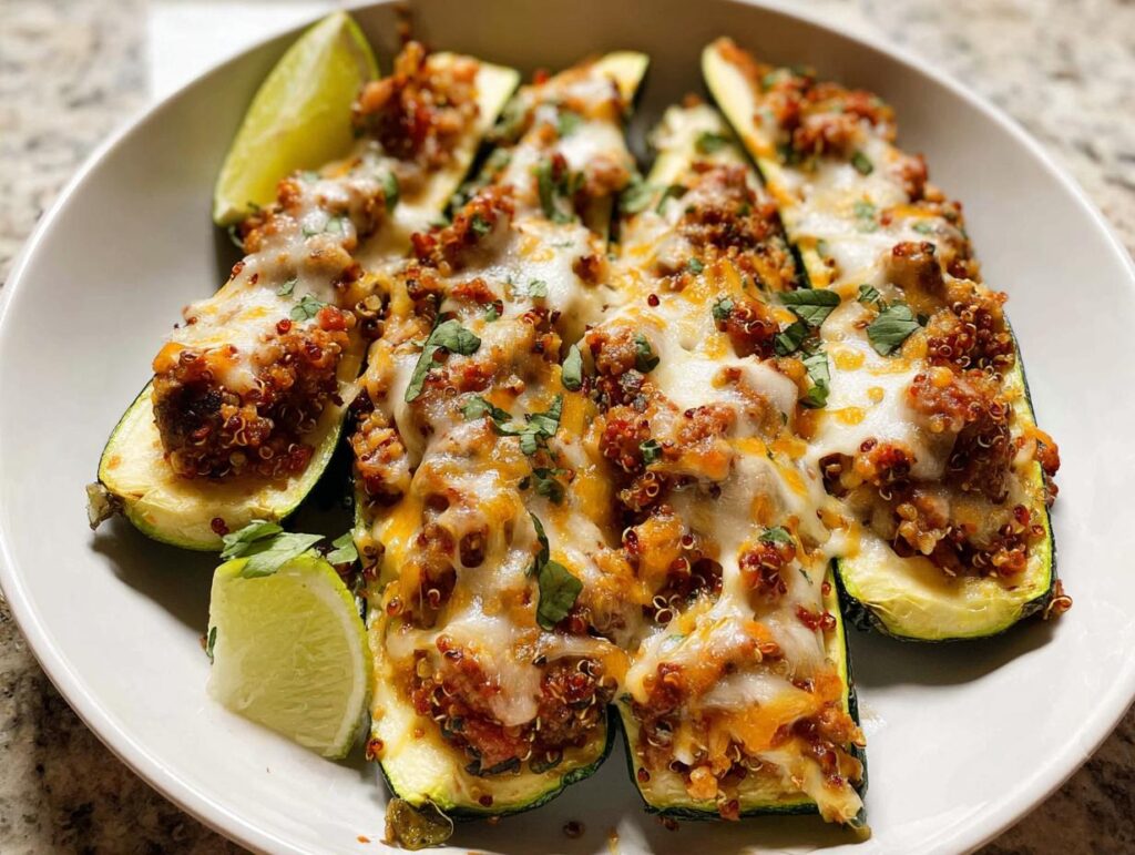 Close-up of Turkey & Quinoa Stuffed Zucchini Boats topped with melted cheese and cilantro.