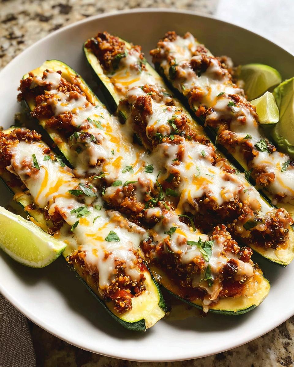 Close-up of Turkey & Quinoa Stuffed Zucchini Boats topped with melted cheese and fresh herbs.