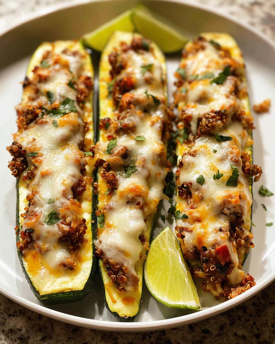 Three Turkey & Quinoa Stuffed Zucchini Boats topped with melted cheese and fresh cilantro, served with lime wedges.