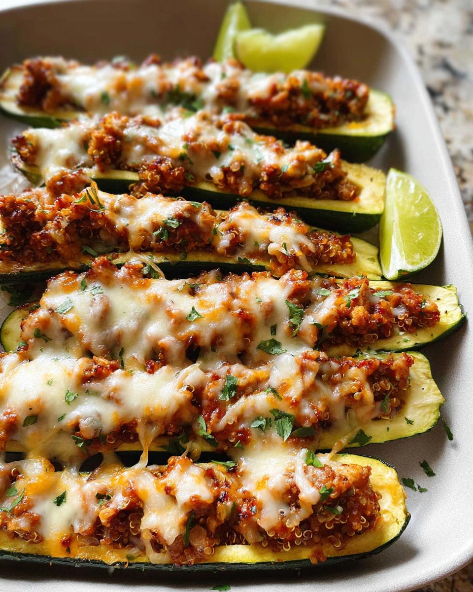 A close-up of Turkey & Quinoa Stuffed Zucchini Boats topped with melted cheese and parsley, garnished with lime wedges.