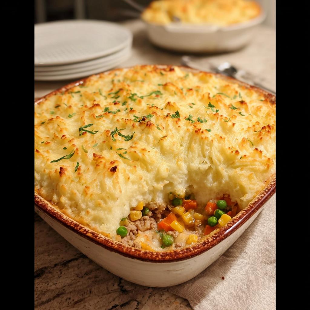 A serving dish of Turkey Shepherd’s Pie with a fluffy, golden-brown mashed potato topping and visible vegetable filling.