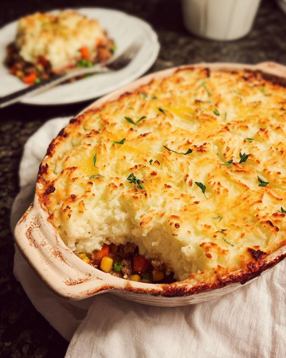 A close-up of a freshly baked Turkey Shepherd’s Pie with a light mash topping and visible vegetable filling.