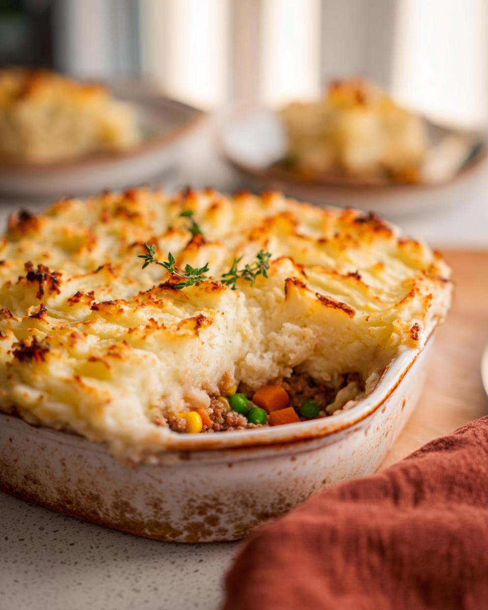 A close-up of a freshly baked Turkey Shepherd's Pie with a light, fluffy mashed potato topping and a scoop removed to show the filling.